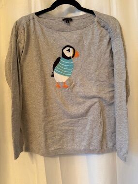 Talbots Gray Crewneck Sweater with Puffin Motif